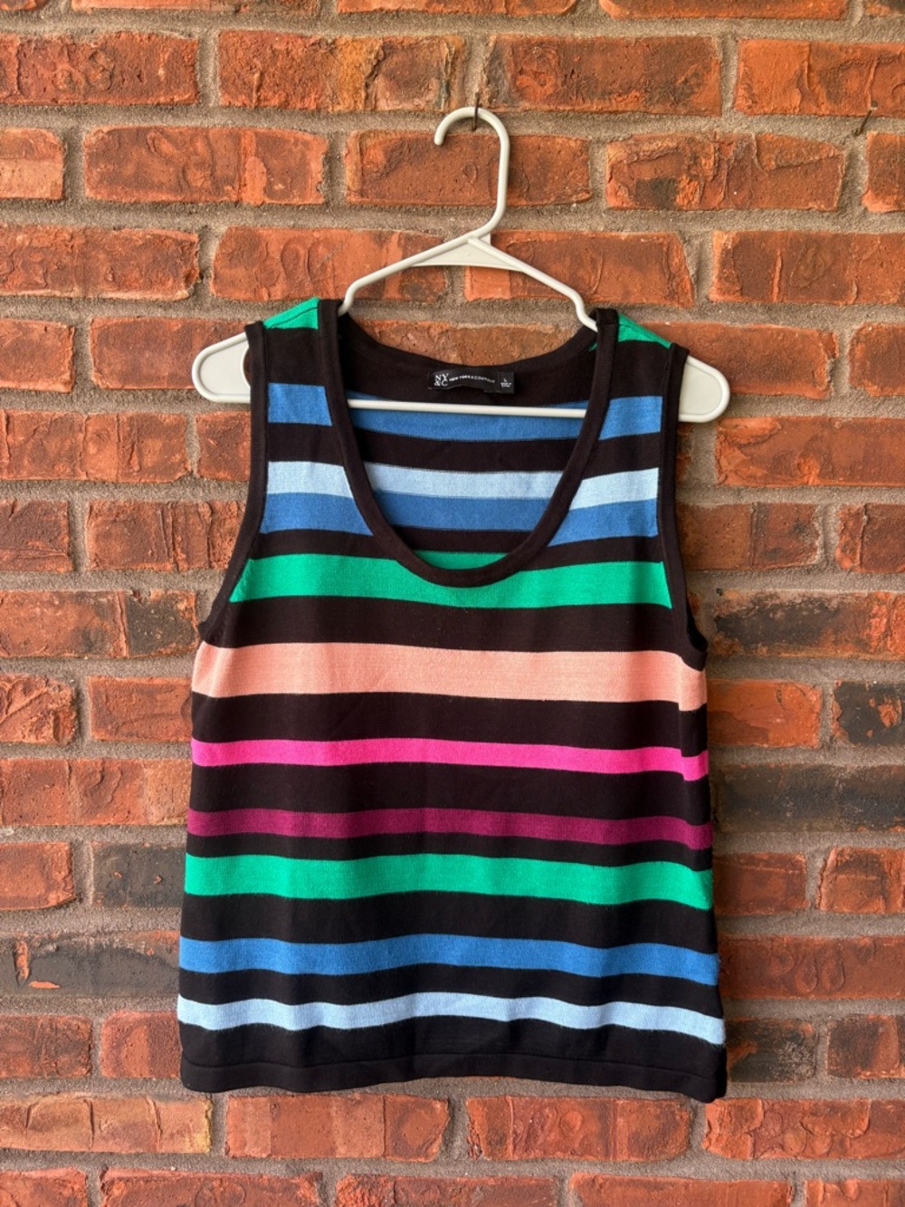 New York & Company Black Tank Top with Green, Blue, Pink and Peach Stripes